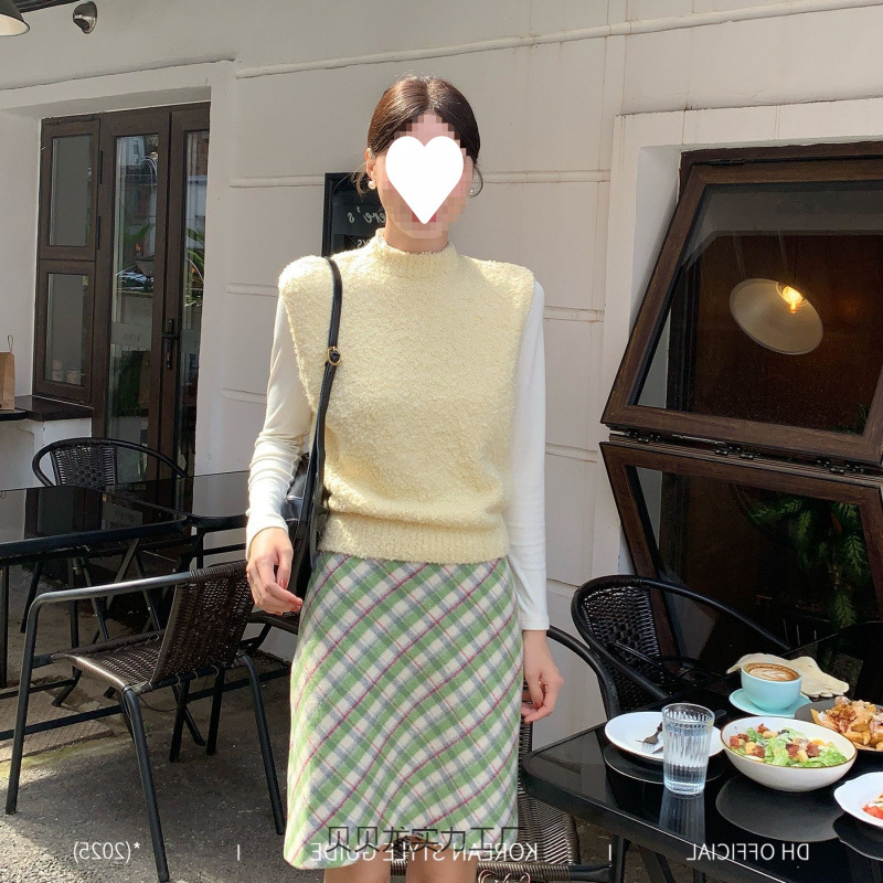 秋冬复古格纹毛呢直筒半身裙粉绿格子收藏后优“通勤”“设计感”