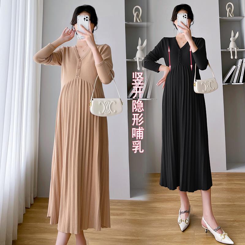 Maternity Wear 2025 Autumn and Winter New Maternity Wear Korean Style Fashionable Large Size Pleated Slimming Nursing Dress