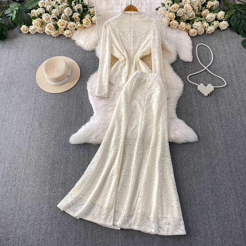 French-Style Light Luxury Socialite Heavy-Duty Embroidered Beaded Sequin V-Neck Lace Shirt and Slim Elegant Fishtail Midi Skirt Two-Piece Set French-Style Light Luxury Socialite Heavy-Duty Embroidered Beaded Sequin V-Neck Lace Shirt and Slim Elegant Fishtail Midi Skirt Two-Piece Set