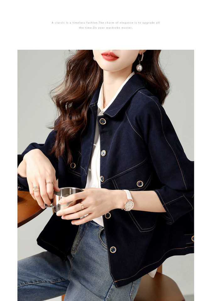 Áo khoác denim ngắn dáng rộng cổ polo cho nữ, dài tay, phong cách giản dị — Áo khoác bò dài tay, Màu nâu (trà nâu), màu xanh chi tiết 27