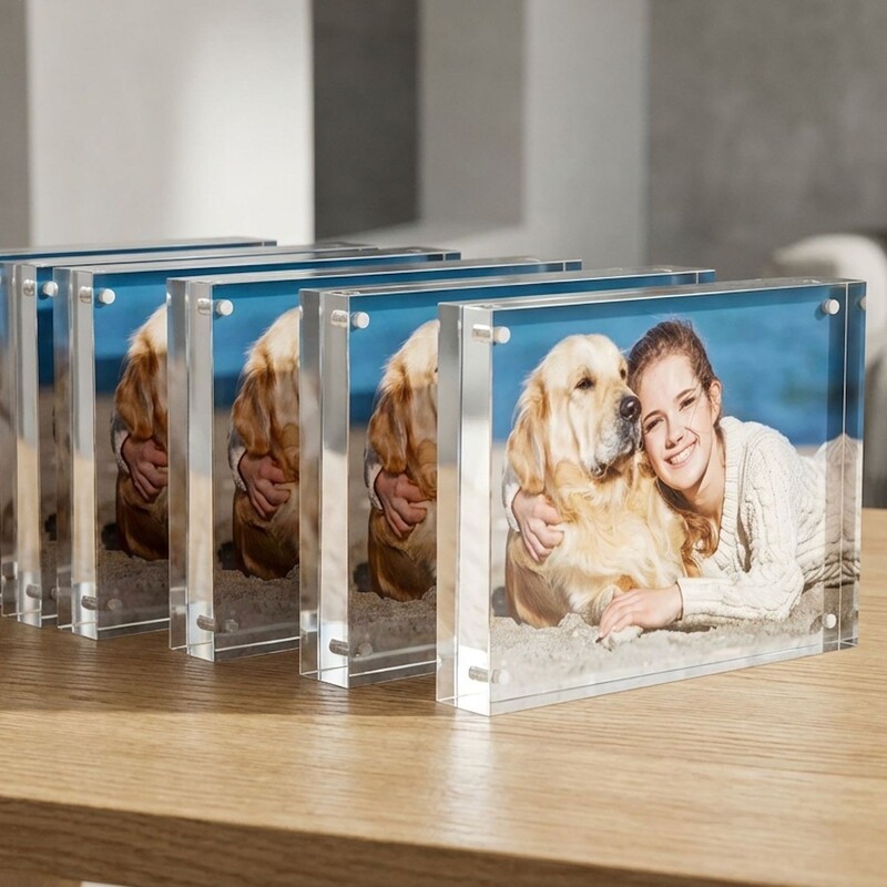 Magnetic Double-Sided Acrylic Photo Frame 4x6inch Thickened Crystal Clear Water Ripple Edge Desktop Display Photo Frame