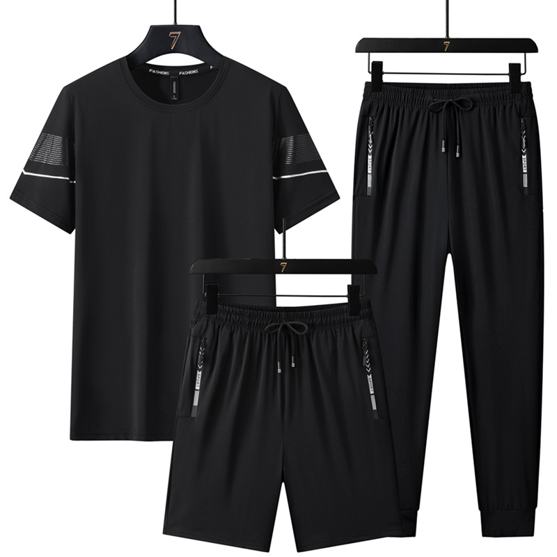 Trajes deportivos de seda de hielo de verano para hombres, mangas cortas, pantalones cortos, pantalones largos, carreras casuales, secado rápido, delgado, conjunto de tres piezas al por mayor