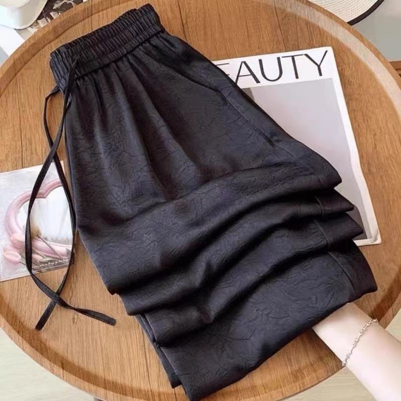Pantalones anchos de satén de ácido acético chino de estilo fino de verano para mujer, pantalones casuales de cintura alta sueltos rectos 2025 explosivos