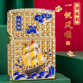 正品佐罗珐琅彩一帆风顺纯铜煤油打火机金丝镶嵌珐琅彩收藏级送礼
