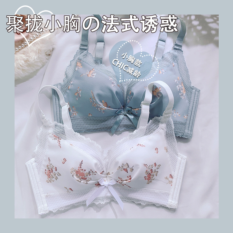 New Non-magnetic Gathering No-Wire Small Cup Push-up Bra with Anti-Sag Adjustment and Innerwear Set for Women