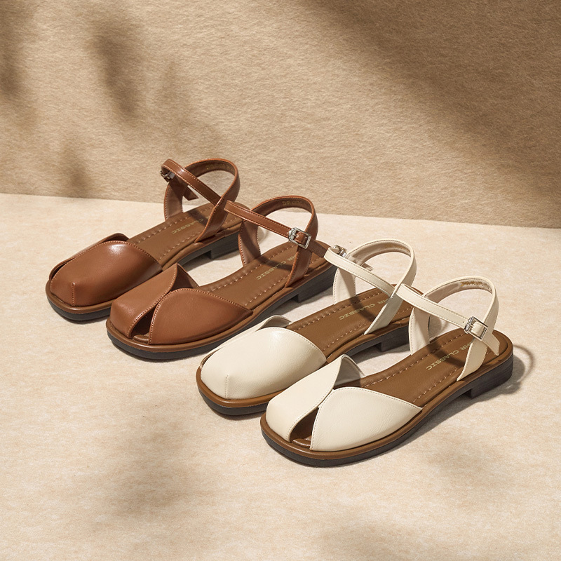 Sandal bít mũi nữ phong cách Mori quai mảnh đế bệt — KN30 màu be