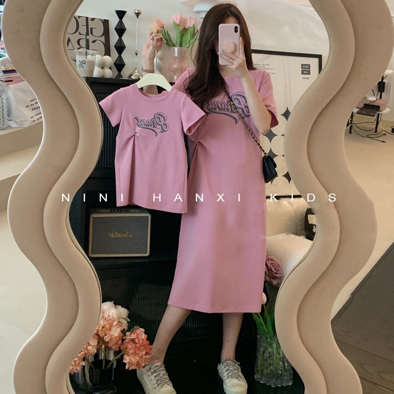 Estilo coreano ropa para niños padre-hijo ropa de mujer verano carta anudada vestido recto niñas suelta casual camiseta vestido