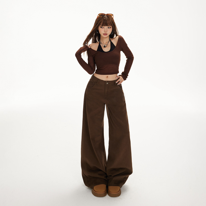 Brown American-Style Wide-Leg Jeans for Women, 2025 Autumn and Winter High-Waisted Slimming Melard Straight Loose Floor-Length Pants