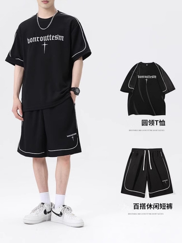 Plus-size men's summer fashion brand t-shirt, short shorts, basketball clothes, set of four-leaf clover casual sports suit