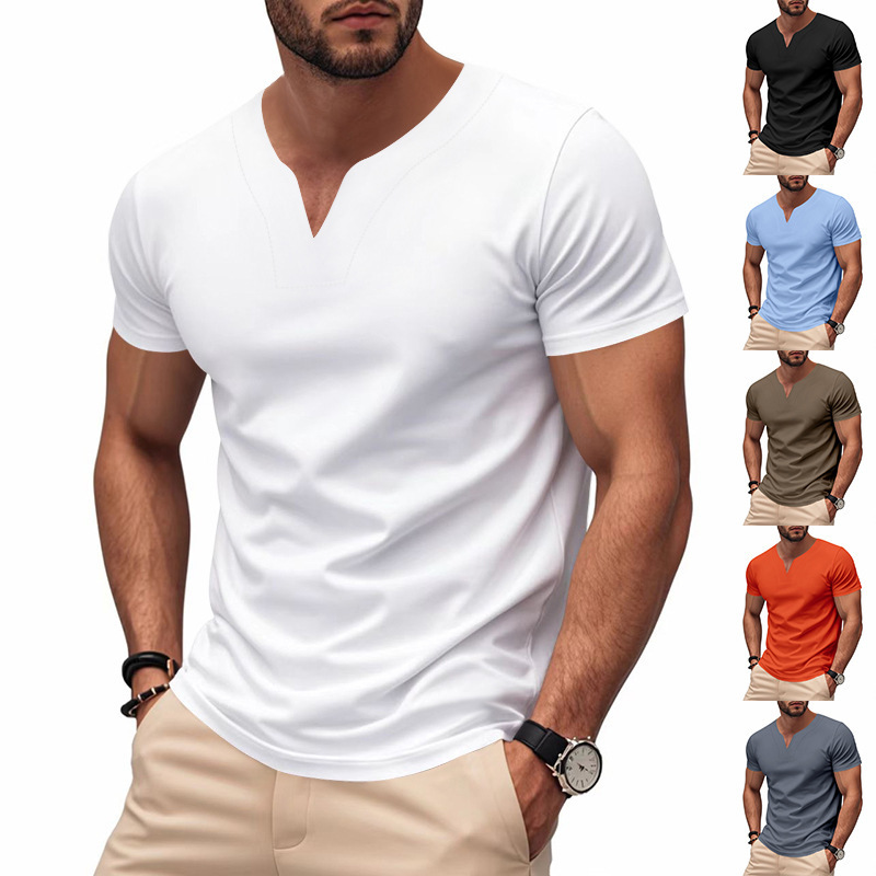 Cross-border Amazon Hot Selling Summer Men's British V-Neck Jersey Shirt Quick-drying Skin-friendly Loose Solid Color Short-sleeved T-shirt
