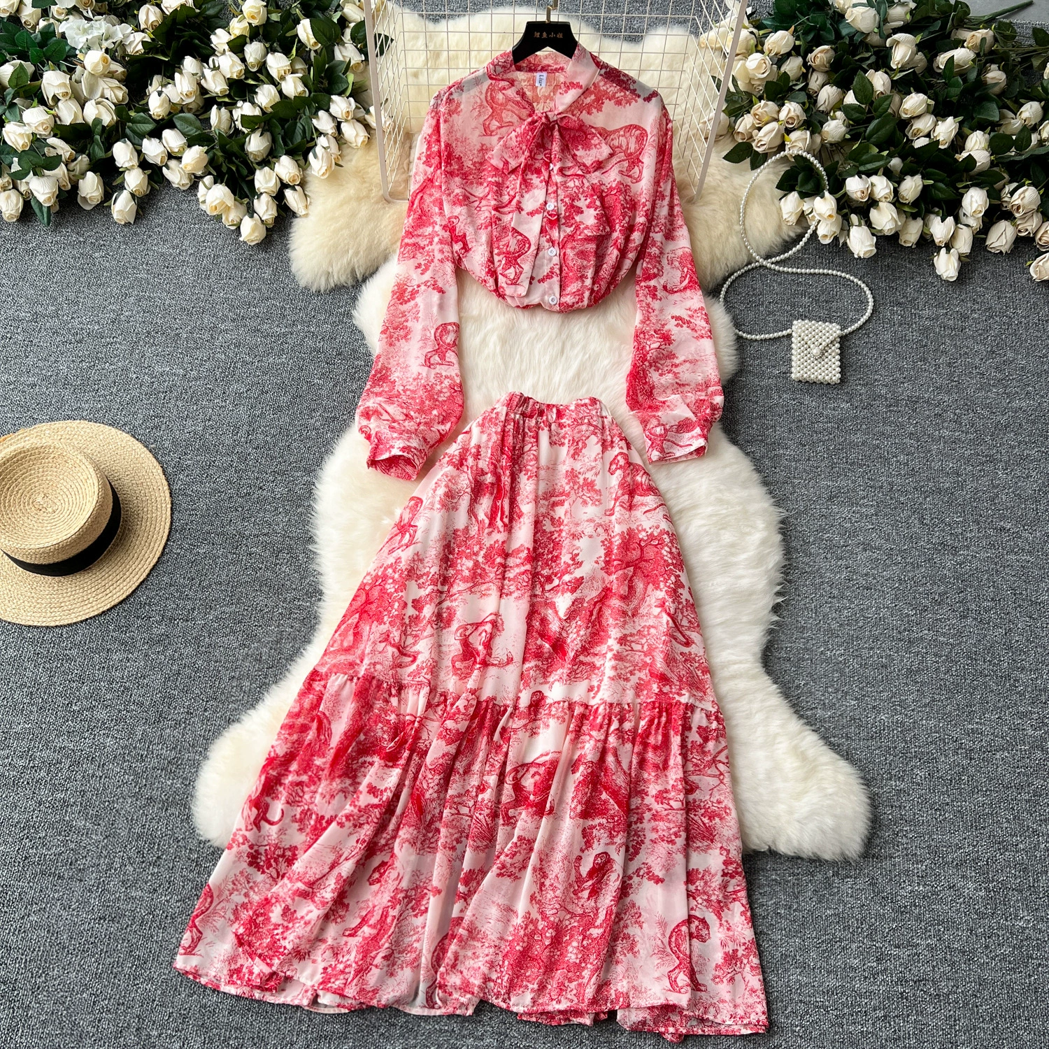 Высокая талия, дикие подвески с принтом, юбка с оборками, женский европейский и американский стиль, два комплекта иностранная рубашка с длинными рукавами