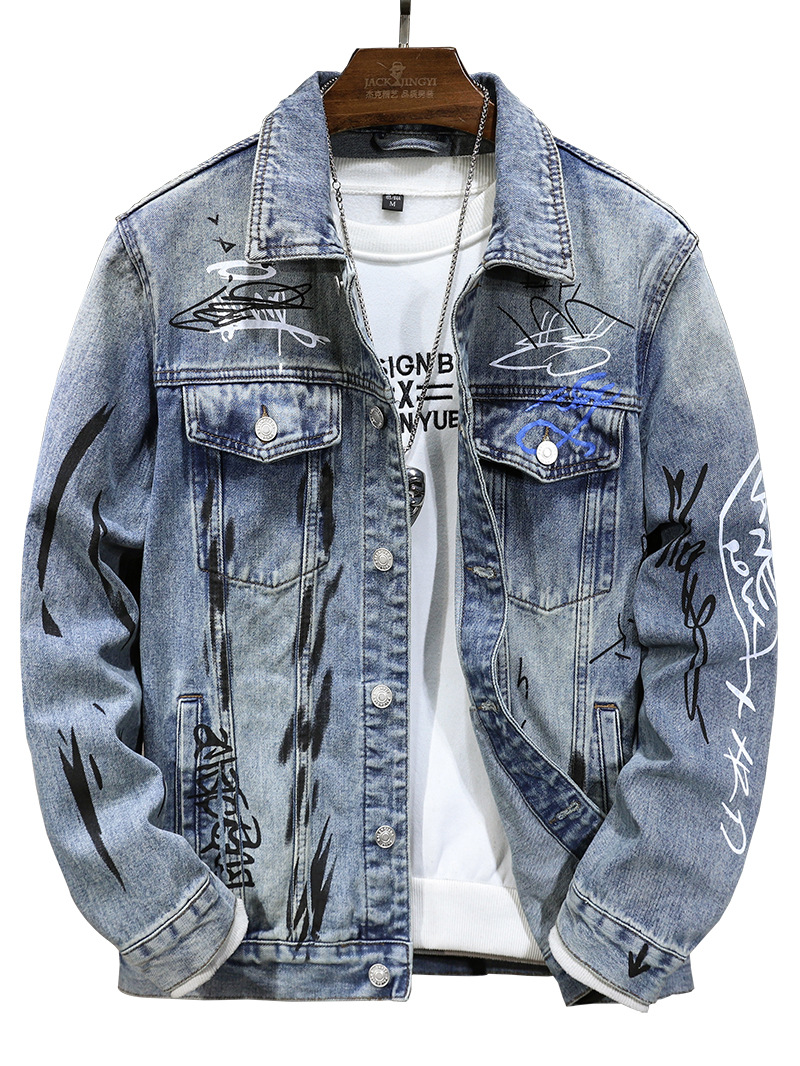 国境を越えた新型の男性ジャケット春秋高級欧米潮牌落書きプリント合体カウボーイコート男