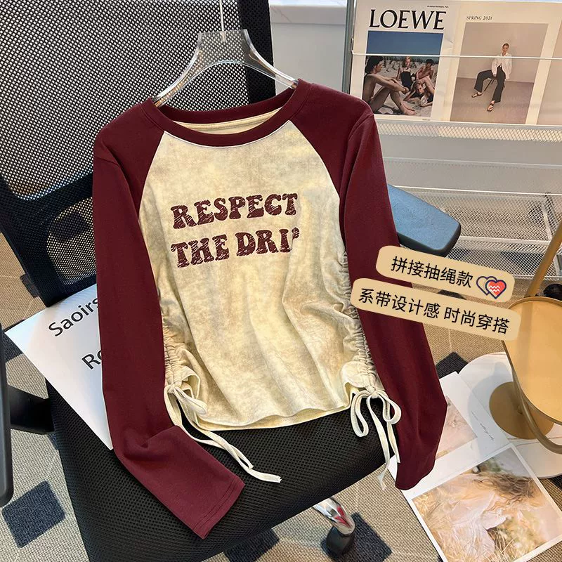 Женская футболка с длинными рукавами и буквенным принтом на шнурке, весна-осень 2023, новая Корейская версия, Свободный Тонкий Топ с принтом тай-дай, женский