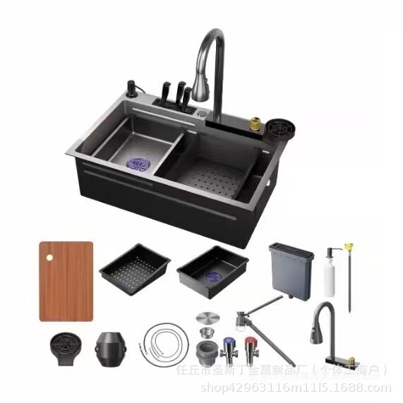Kitchen stainless steel single-basin household sink with thickened honeycomb knife rack, rain shower waterfall sink, vegetable washing basin, and water sink Kitchen stainless steel single-basin household sink with thickened honeycomb knife rack, rain shower waterfall sink, vegetable washing basin, and water sink