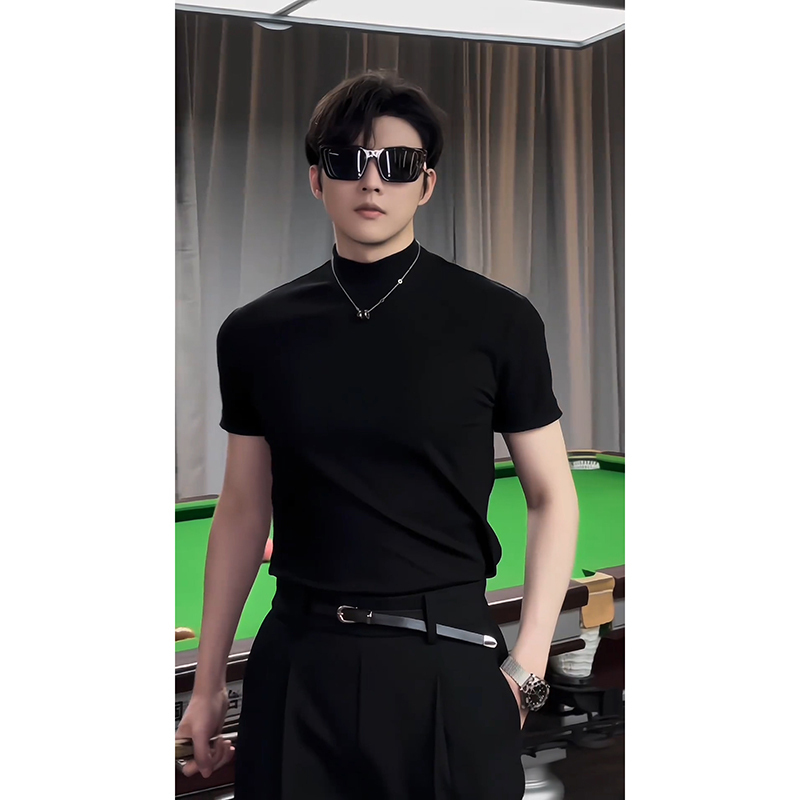 Black Pure Cotton Half-Turtleneck Short-Sleeve T-Shirt, Unisex Trendy Brand, Slim Fit, Muscle-Enhancing, Versatile Top, Affordable Foreign Trade