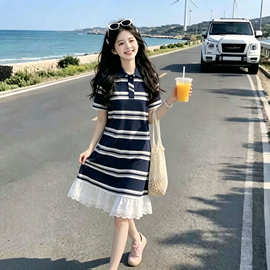 女童夏装花边拼接中长款连衣裙2026新款中大童韩范翻领POLO裙童裙