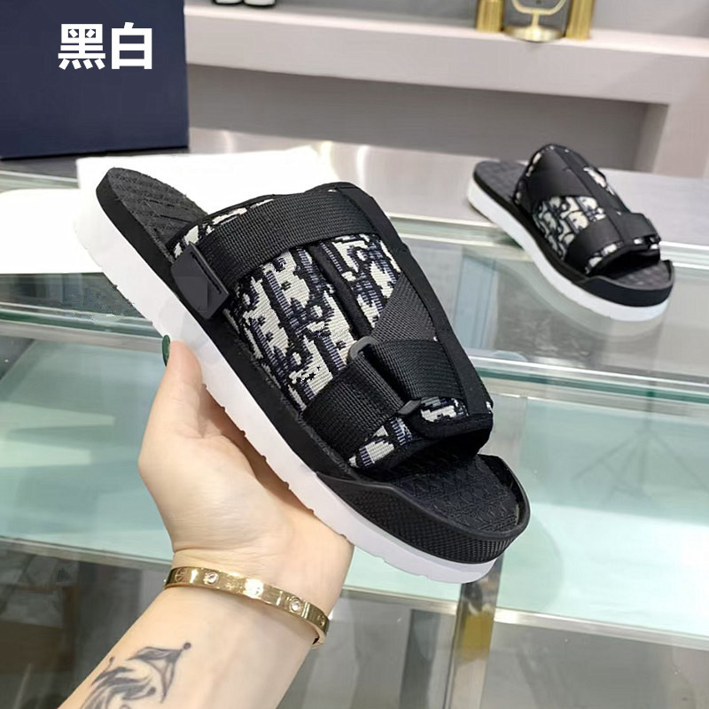 男拖鞋织带交叉厚底高档外穿一字拖夏季新款D字母印花提花布凉拖