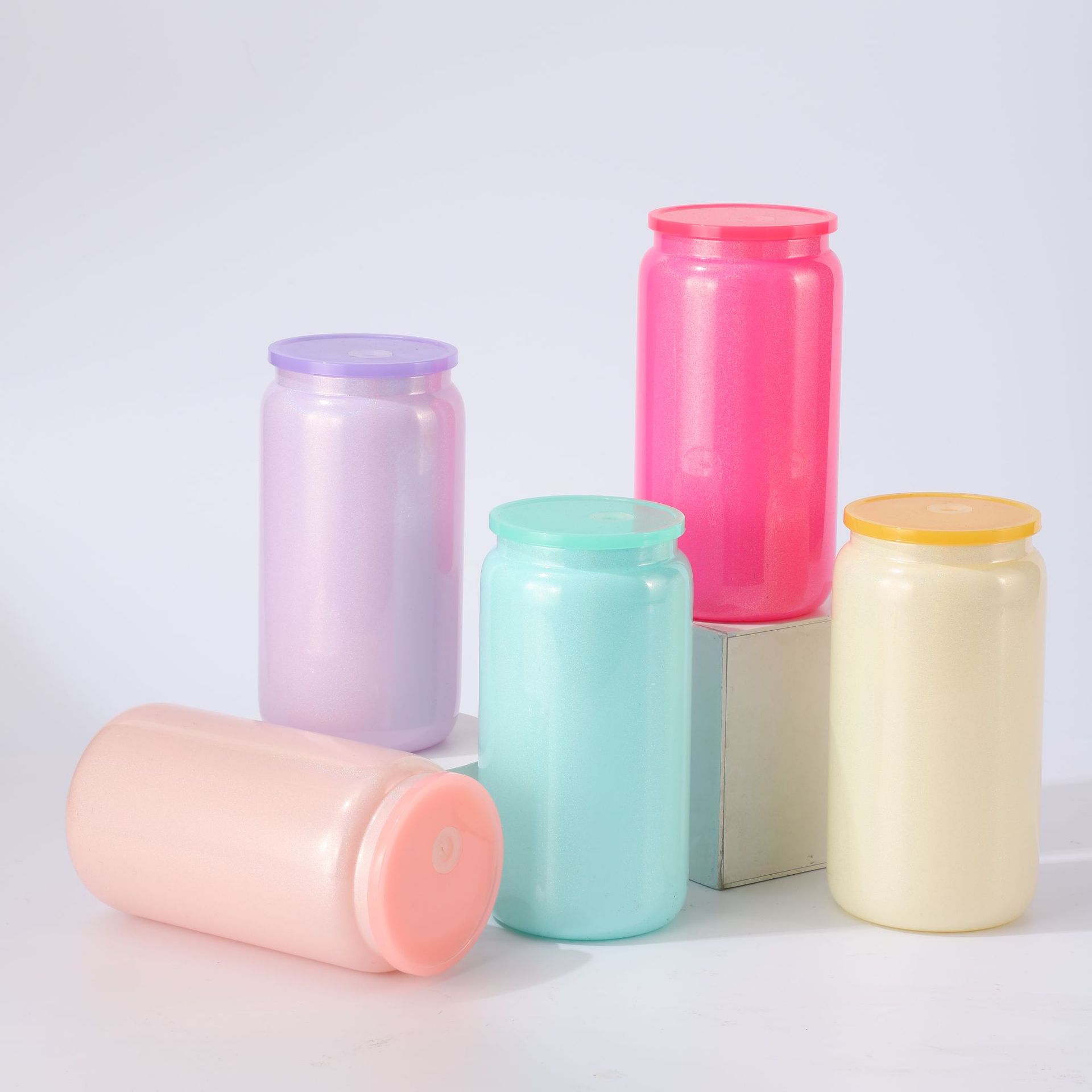 16oz彩虹漆可乐杯玻璃杯热升华塑料盖彩色盖水杯