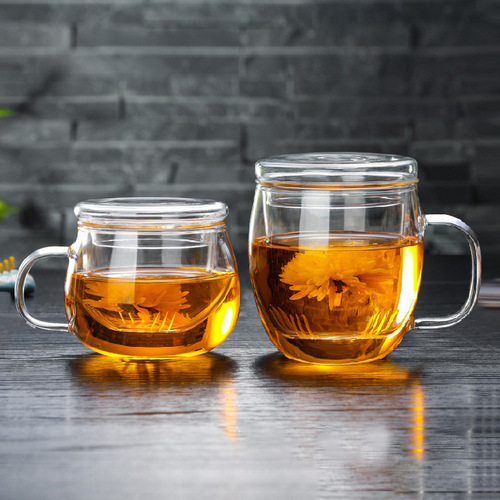 Tea cup glass three-piece set flower tea cup home heat-resistant office tea with handle filter cup LOGO wholesale