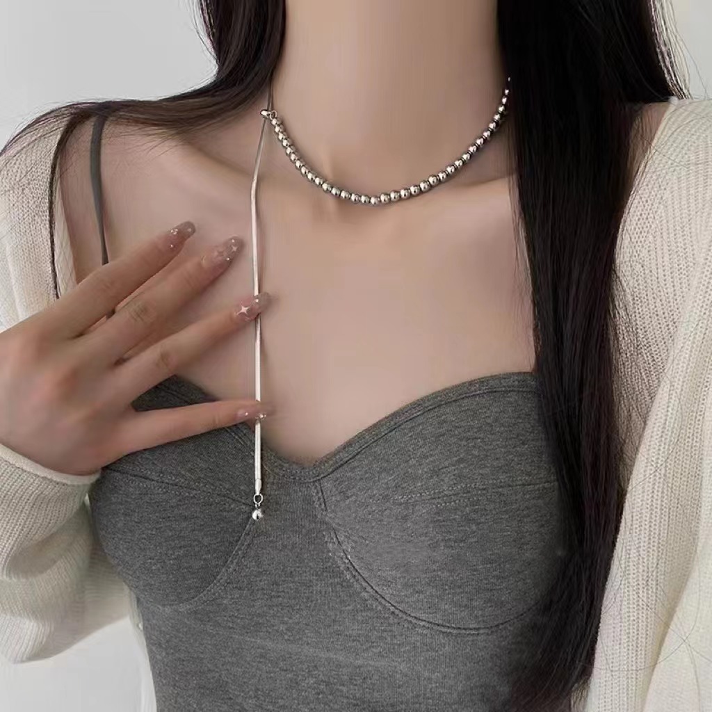 2025 Neues Design Sense Kleine Perlen-Zugkette Damenmode Vielseitige elegante Schlüsselbeinkette aus Titanstahl_voghion.com