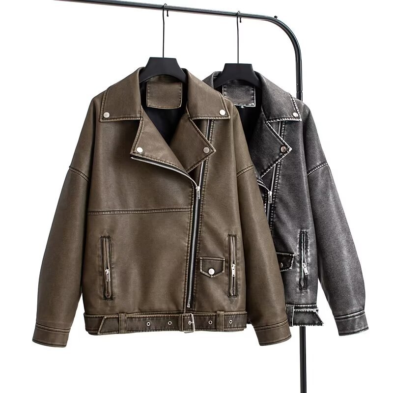 Giacca in pelle PU alla moda per donna - Cappotto oversize con revers e effetto lavato, morbido ed elegante, S/M/L/XL (nero, grigio lavato)_voghion.com