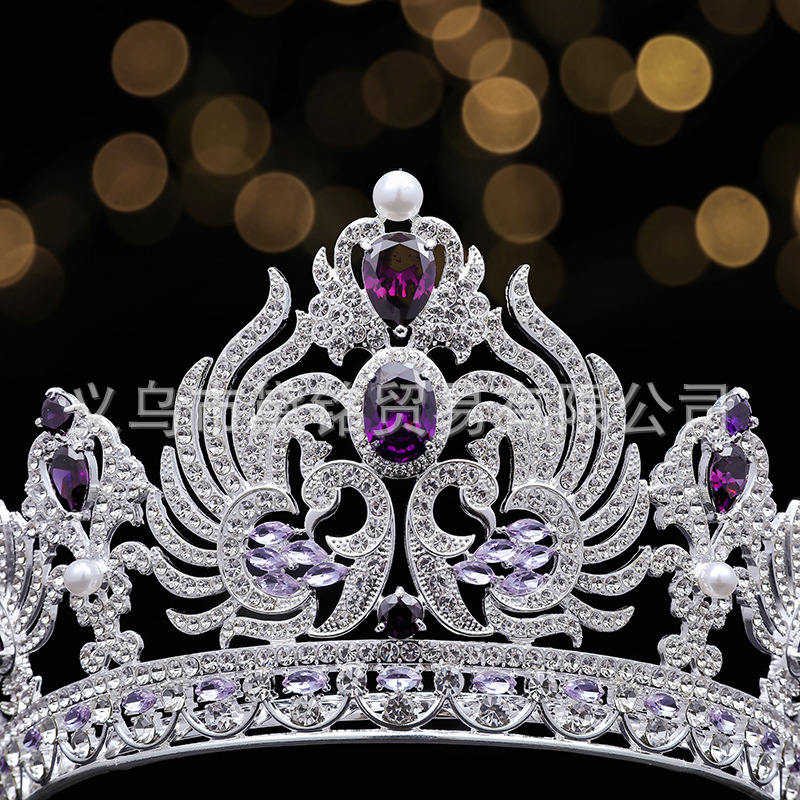 Circón púrpura del desfile de la Corona Perla Rhinestone completo redondo corona volver tamaño ajustable vestido tocado