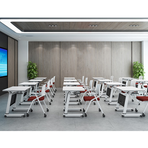 Folding training table with wheels, movable and detachable, suitable for school tutoring, office desks, combination of lecture tables with side-flip long tables.