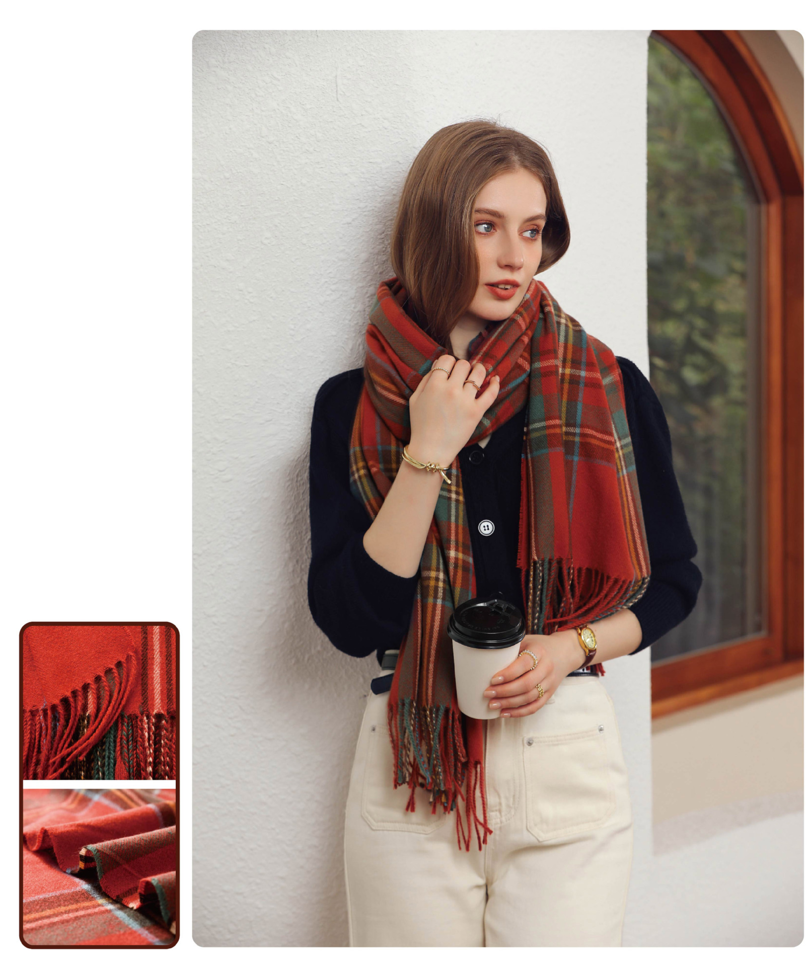 2024 New Winter Fashion Versatile Scarf Style Checkered Warm Tassel Scarf Women's Medium To Long Style_voghion.com