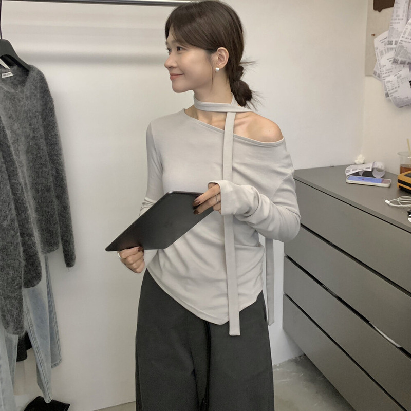 MISS密思家2025秋季气质温柔风不规则下摆飘带长袖T恤女打底上衣|undefined