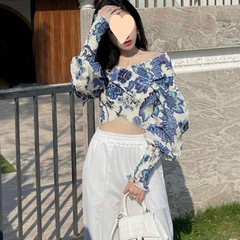 大きいサイズのシフォンシャツファットトップ女性の春夏ワンショルダーホルターネック小花柄サスペンダー長袖シャツ