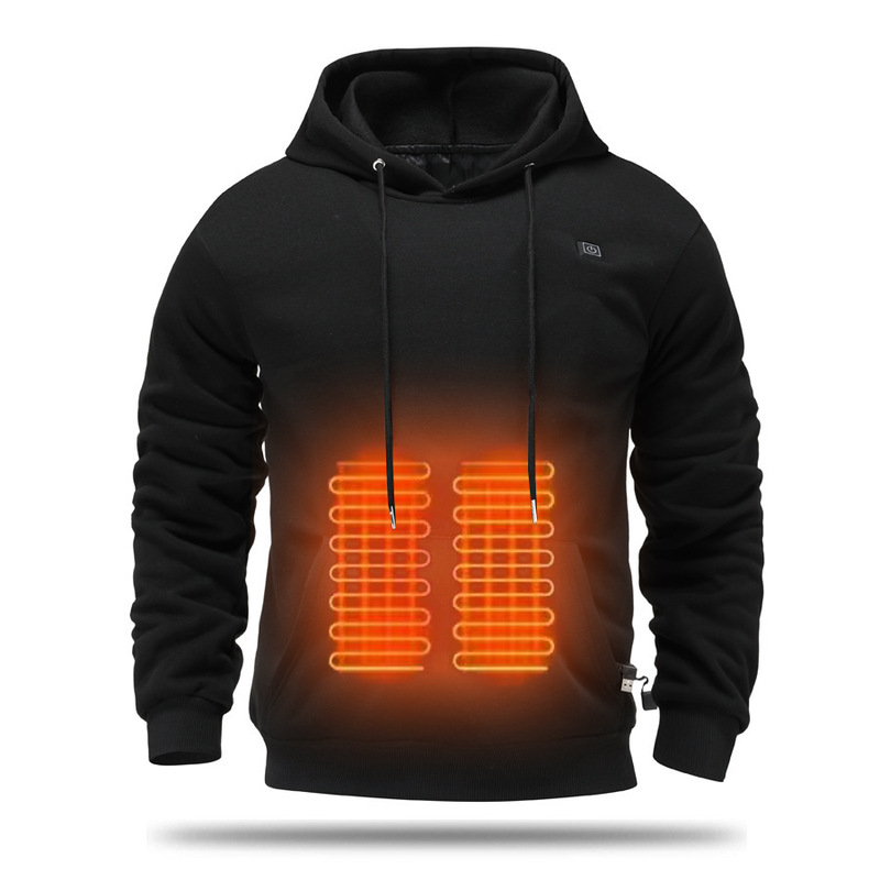 Cross-border Men's USB Heating fleece-lined Sweater Warm Outdoor Casual Clothing Electric Heating Hooded Sweater