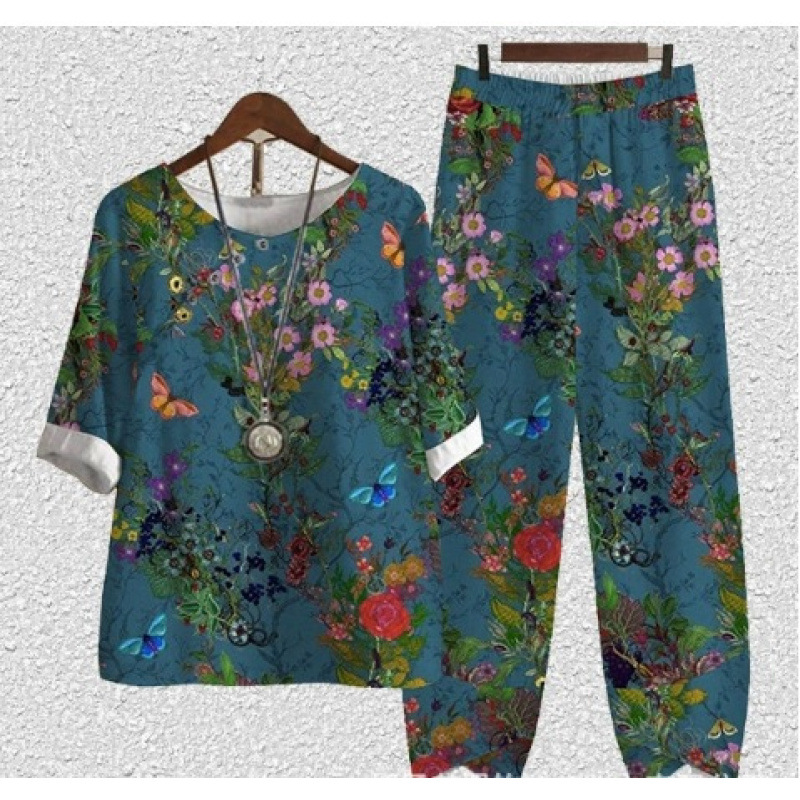 Europa y Estados Unidos trajes casuales de mujer transfronterizos de moda explosiva verano nuevo cinco mangas impresión chaqueta pantalones dos piezas