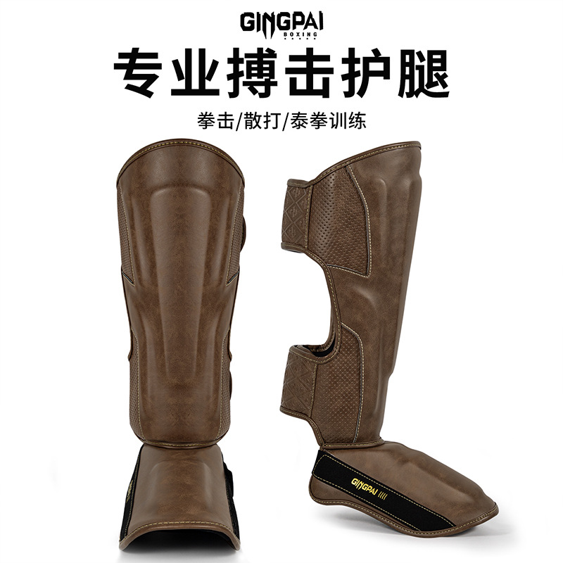 Professional Sanda Fighting Muay Thai Leg Guards with Instep Protection for Adults, Thickened Microfiber Leather Boxing Shin Guards for Training and Actual Combat