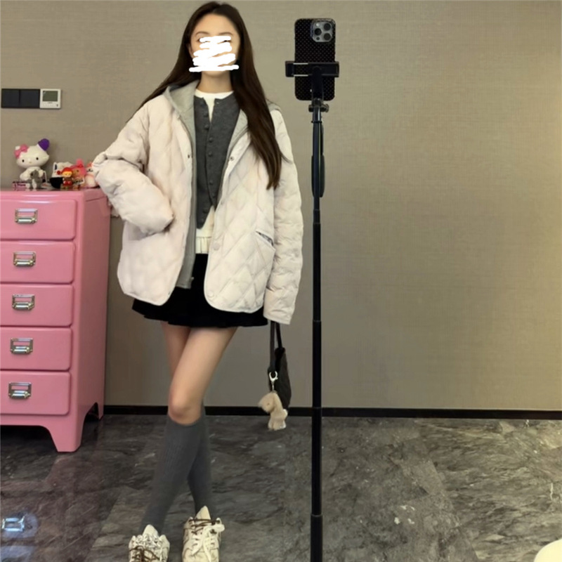 2025秋冬女装轻薄时尚叠穿菱格拼接可拆连帽棉服夹克短款外套|undefined