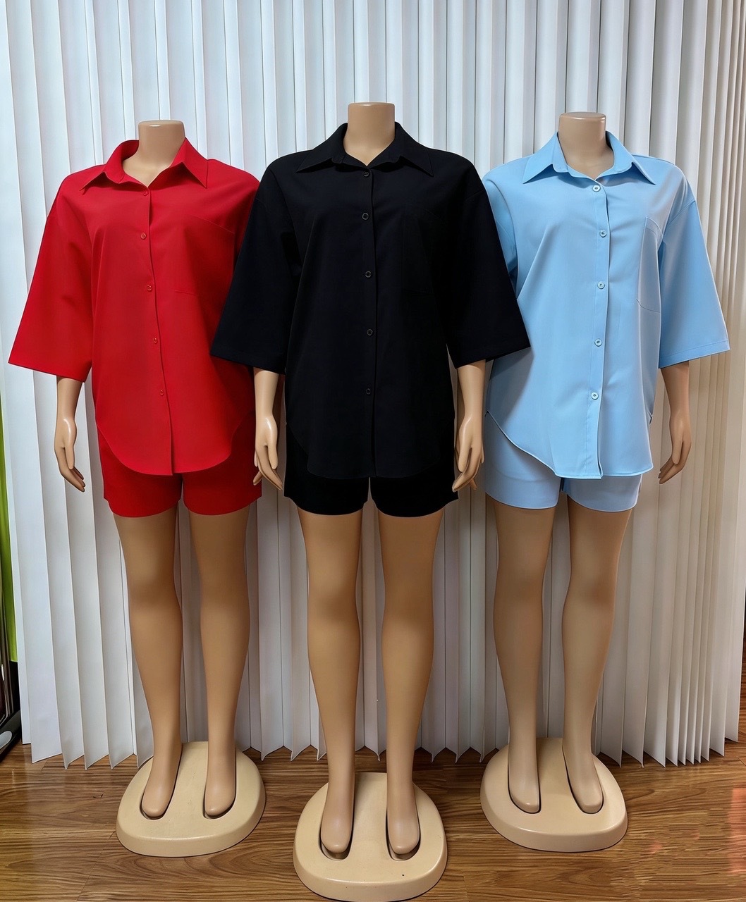 Women's Multi Color Collared Loose Fitting Shirt And Shorts Set Casual Solid Color Everyday Commuter Fashion_ecoleips.com
