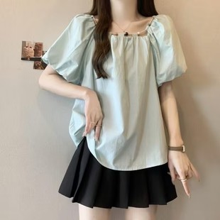 Designed Beaded Blue Puff Sleeve Short-Sleeved Shirt for Women in Summer