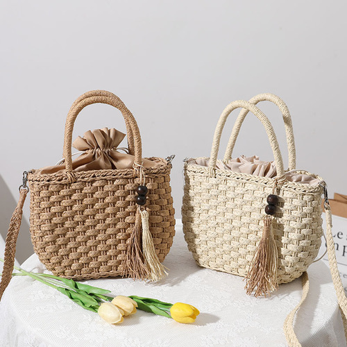 Hand-woven straw bucket bag for women,  new cute forest-style handmade shoulder and crossbody woven bag