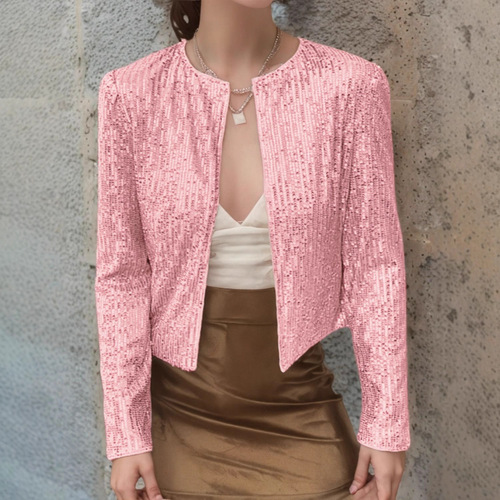 2025 spring, Europe and America, Amazon cross-border hit round neck, long-sleeved, pure color cardigan, casual all-match sequined coat for women
