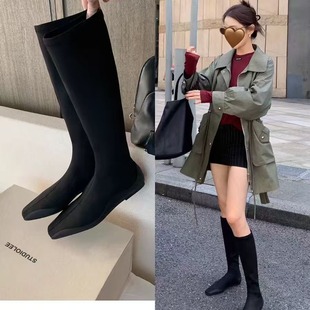 In-Stock Trendy New Style Fashionable Comic-Leg~ Elegant Square-Toe Flat Ankle Boots That Cover the Legs, Mid-Calf Slim Boots for Women