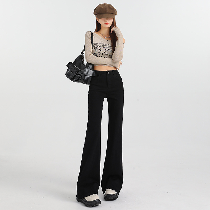 One-Piece Drop-Shipping Slightly Loose, Not Tight-Fitting, Slightly Flared Jeans for Women, Spring and Autumn, Black, High-Waisted, Slimming Bootcut Pants