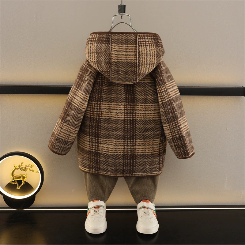 Children's winter warm long woolen coat for boys, western style, mid-length