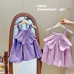 Ladies' spaghetti strap summer 2024 new trendy winged backless dress for children, Korean style, elegant princess dress