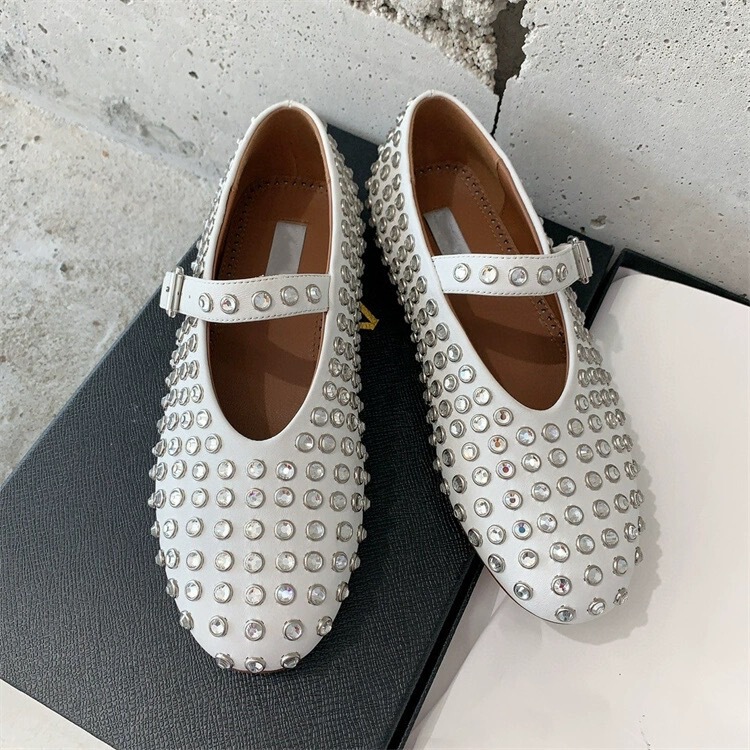 High Version 2025 New Style Genuine Leather Round Toe Rhinestone Rivets Mary Jane Shoes for Women Flats Comfortable Ballet Dancing Shoes