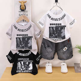 儿童圆领字母图片印花夏装两件套2026年男童时尚潮流夏季套装
