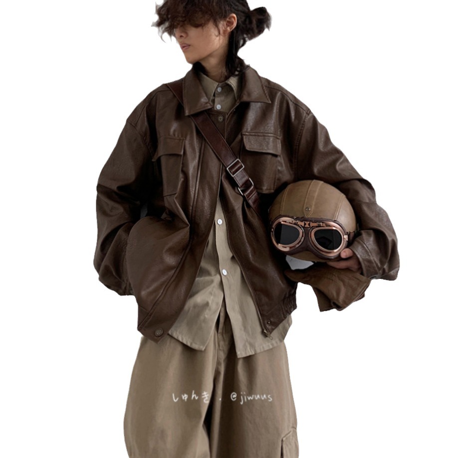 Primavera 2024 japonés retro pu motocicleta chaqueta de cuero para niños y niñas clásico suelto neutral marrón chaqueta de cuero chaqueta