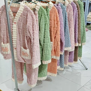 兔头开衫暖暖套装女冬季新款印花珊瑚绒睡衣冬加绒加厚提花家居服
