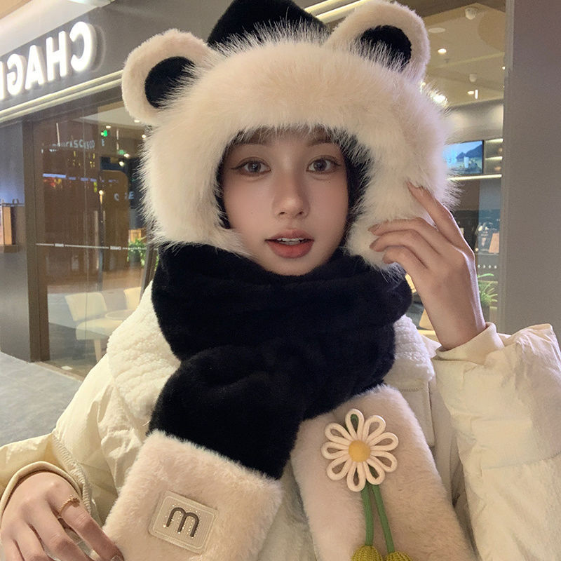 时尚可爱小熊围巾手套一体毛绒帽子女显脸小户外防寒保暖护耳帽潮|undefined
