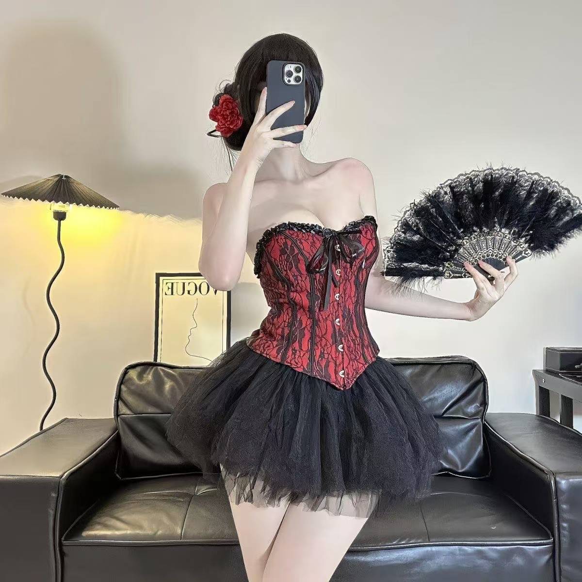 Retro Lace Tube Top Corset Vest, Palace-Style Push-Up Lingerie, Black One Size — detail image 2
