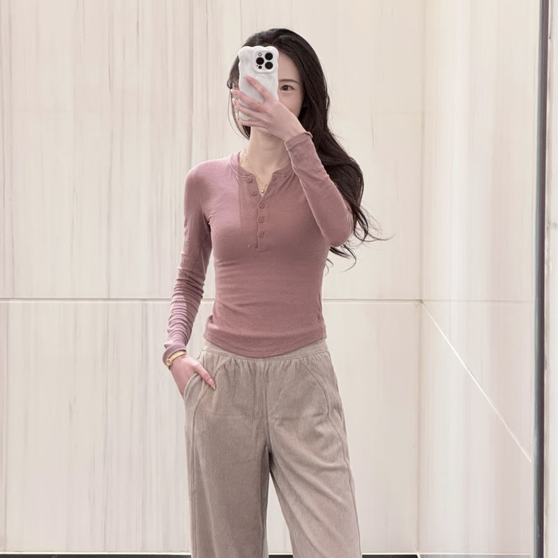 Lulu's Same Early Autumn Slimming Look Long-Sleeved Henley Shirt with Bottoming Shirt for Women's Sports Fitness Yoga Long-Sleeved Shirt