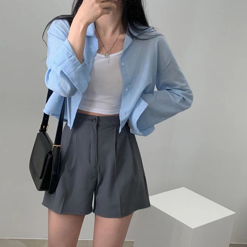 South Korea Chic Blue Small Striped Shirt Design Sense Niche 2025 Summer New Long Sleeve Sunscreen Shirt for Women South Korea Chic Blue Small Striped Shirt Design Sense Niche 2025 Summer New Long Sleeve Sunscreen Shirt for Women